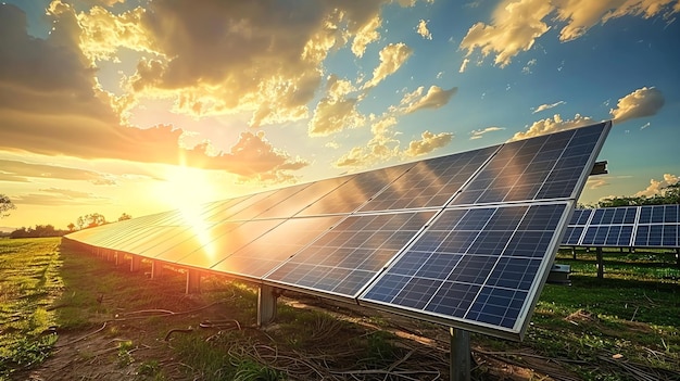 A solar panel field at sunset