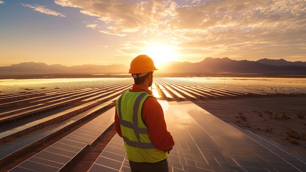 Solar Panel Field with Worker at Sunset