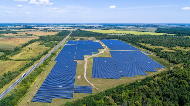 Solar Panel Green Factory Field Alternative Energy Aerial View.