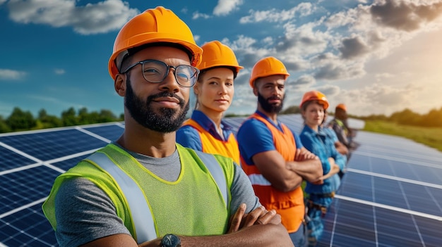 Photo solar panel installation crew with safety gear