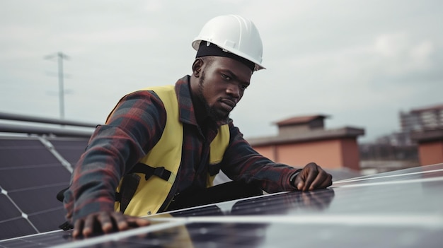 Solar panel installation on a roof by a black electrician using environmentally friendly technologies The Generative AI