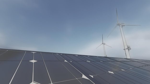 A solar panel is shown with wind turbines in the background.