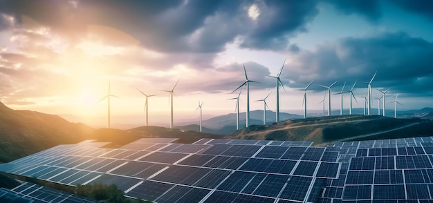 A solar panel is surrounded by wind turbines in the mountains.