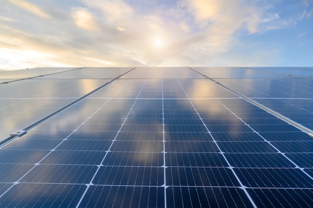 solar panel At the photovoltaic power station working on solar energy storage with a beautiful blue sky in the industry.