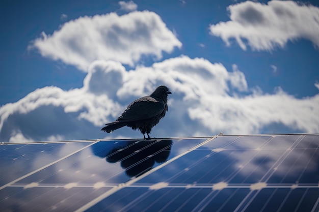 Solar panel power generation against white clouds with bird in the sky generative AI