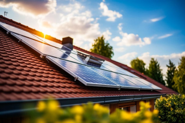 Solar panel on the roof of house at sunset Generative AI