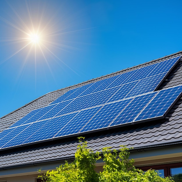 a solar panel on a roof with the sun shining on it