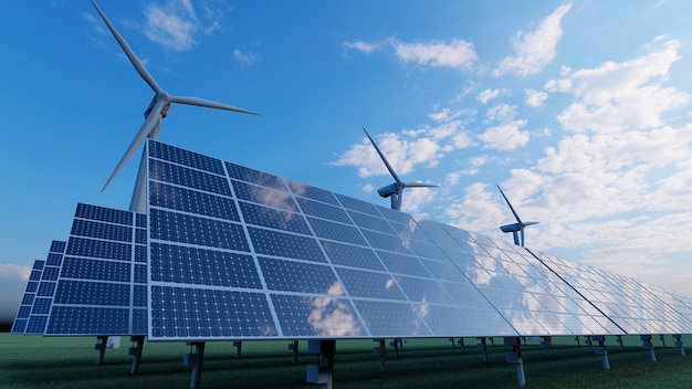 Solar panel and wind turbine in a field