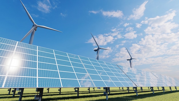 Solar panel and wind turbine in a field