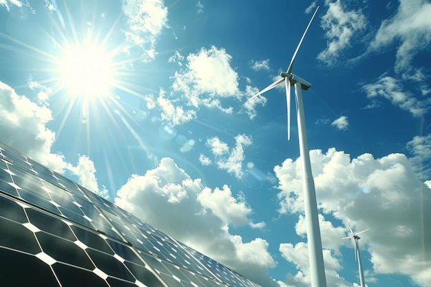 Solar panel and wind turbine synergy under a bright sky highlighting the integration of renewable e