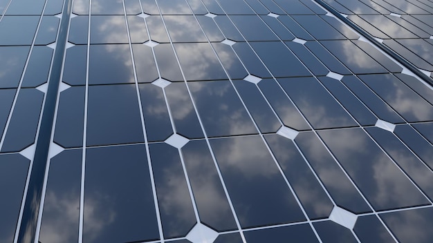 A solar panel with the sky reflected on it