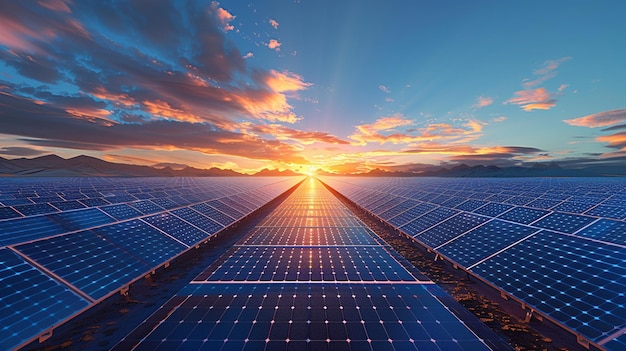 a solar panel with the sun setting behind it