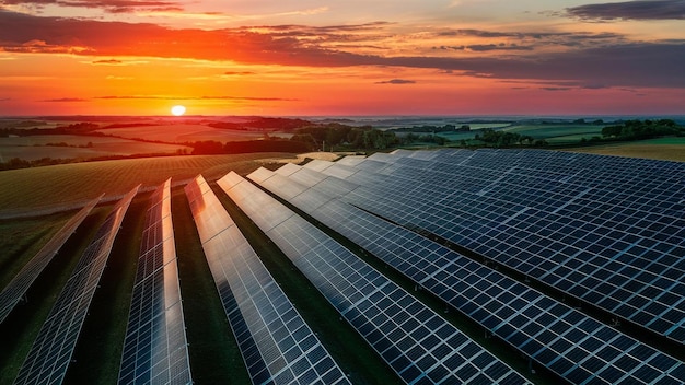 a solar panel with the sun setting behind it