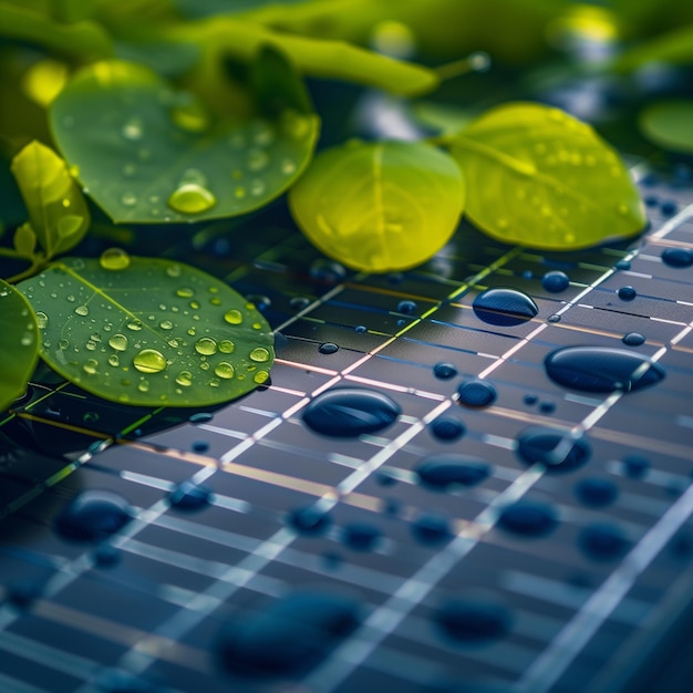 Solar Panel with Water Droplets and Green Reflection