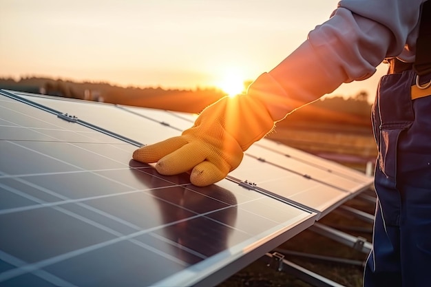 Solar panel with wind turbine and blue sky background