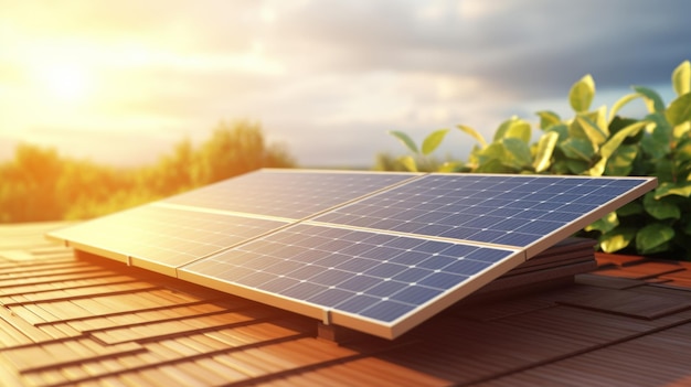 Solar panel on a wooden surface with green leaves in the background bathed in warm sunlight depicting renewable energy