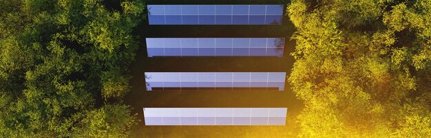 Solar panels aerial view among green trees in the forest at sunset