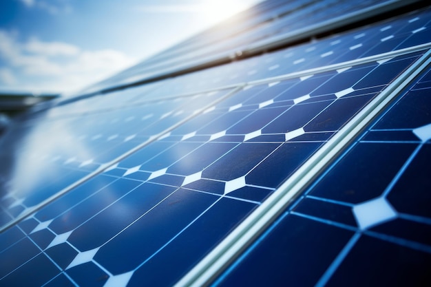 Solar panels against a bright blue sky with clouds representing renewable energy and sustainability