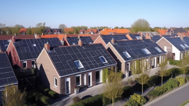 Solar panels are installed on the tiled roofs of a row of modern houses in a suburb with green stree