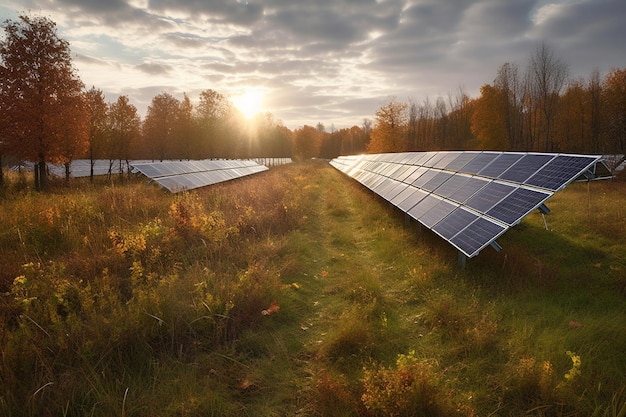 Solar panels in autumn forest field Generative AI