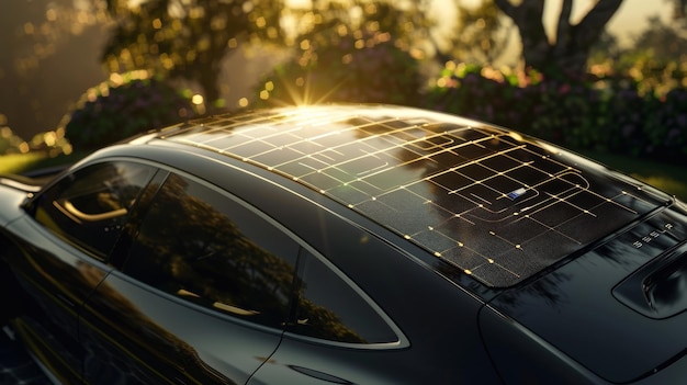 Solar Panels on Electric Vehicle Roof at Sunset