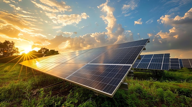 Solar panels in a field at sunset a symbol of clean and renewable energy