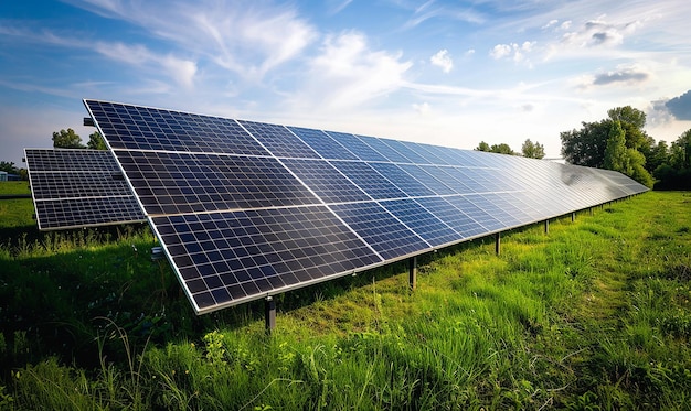 solar panels in a field with a blue sky and clouds