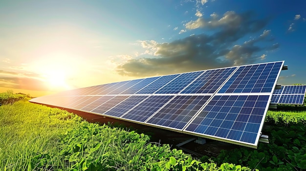 Solar panels in a field with a bright sun and clouds in the sky