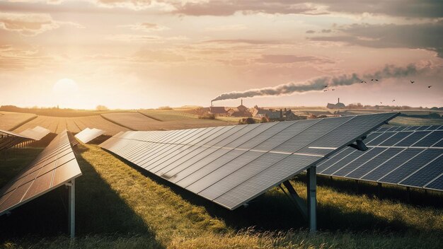 solar panels on a field with a sunset in the background