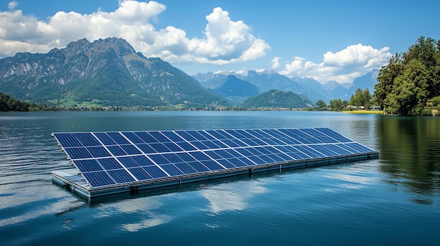 Solar panels float on a calm lake with mountain backdrop