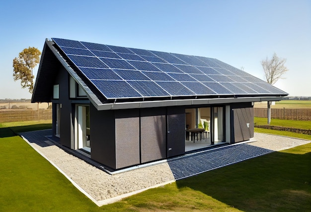 Solar panels on a gable roof Beautiful large modern house and solar energy AI Generated