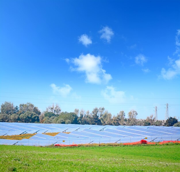 Solar panels in a green field under a blue sky