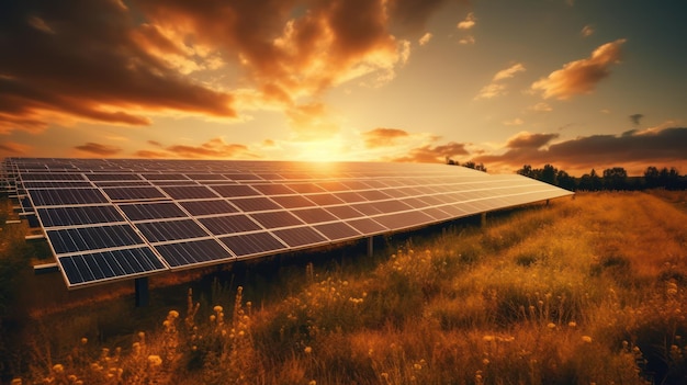 Solar panels on green field with sunshine