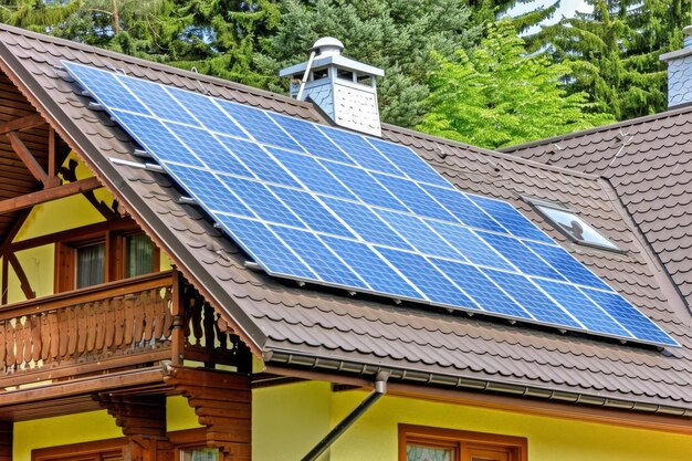 Solar panels on house roof with trees in the background