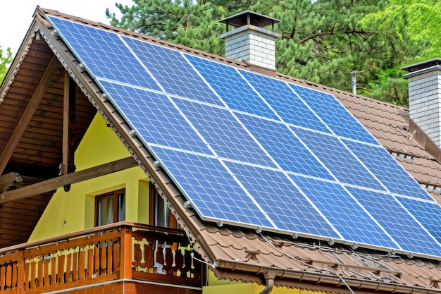 Solar panels on house roof with trees in the background