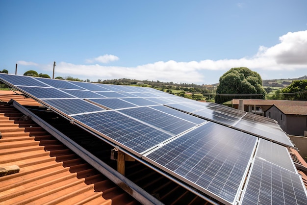 Solar panels installed on the roof of a residential building in the city Generative AI