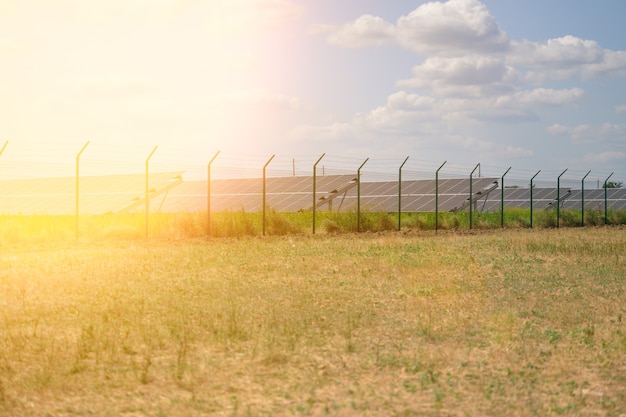 Solar panels in the middle of a field on a sunny day, Ukraine