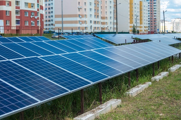 Solar panels near residential quarter of the city Renewable solar energy