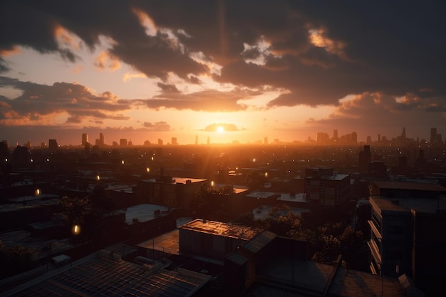 Solar panels outside a big city in the sunset made with generative ai