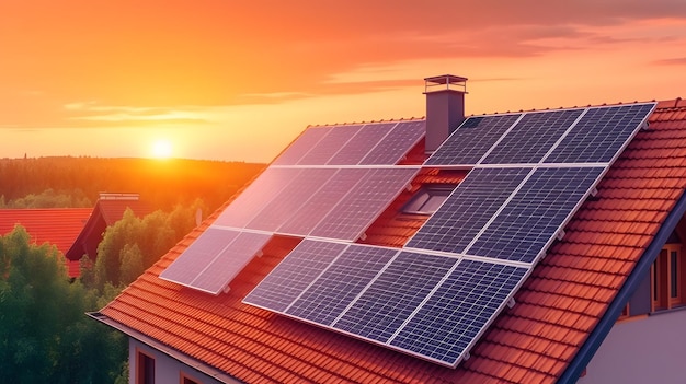 Solar panels photovoltaics on the red roof of a house and a beautiful sky with the setting sun Alternative electricity source Concept of sustainable resources Generative Ai