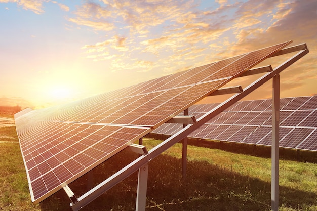 Solar panels in the rays of sunrise