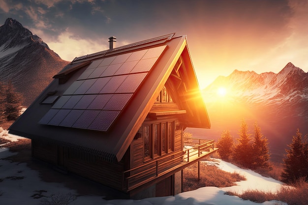 Solar panels for renewable green energy on roof of a modern house at sunset Generative AI