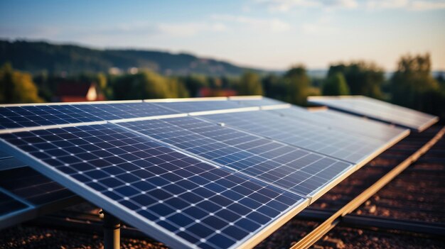 Solar panels on the roof of a house and blue sky Closeup with solar panels on the roof