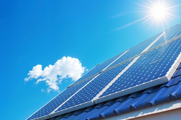 solar panels on the roof of a house under a bright blue sky symbolizing clean energy innovative