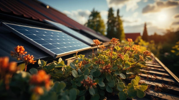 Solar panels on the roof of a house at dawn The theme of ecology and reasonable economical consumption of electricity