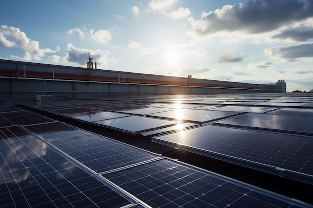 Solar panels on the roof of an industrial building in partly cloudy weather Alternative energy