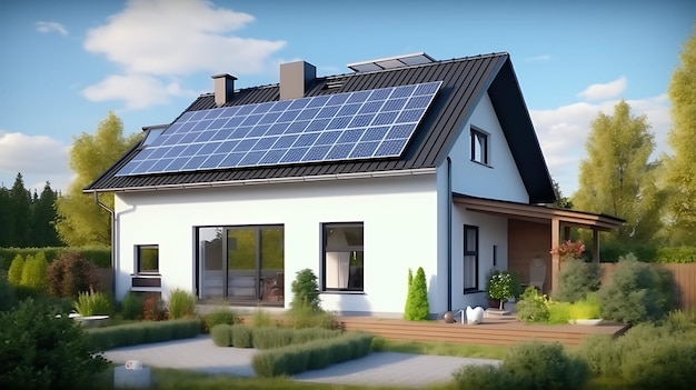 Solar panels on the roof of the modern house Generative AI