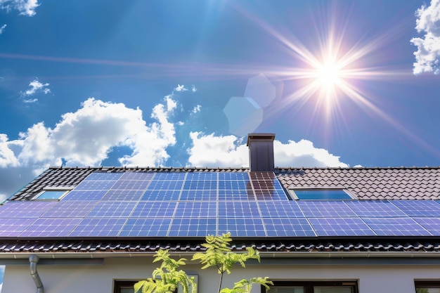 Solar panels on the roof of a residential house against blue sky with clouds