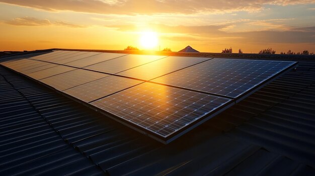 Solar panels on roof at sunset renewable energy concept