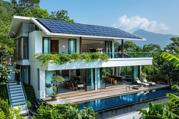 Solar panels on the roof of a white Asian house on yard in the style of Asian house energetic dramat